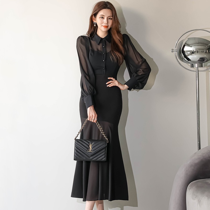 페미닌 무드 배색 프릴 머메이드핏 미디 원피스 블랙 S - 상품 이미지