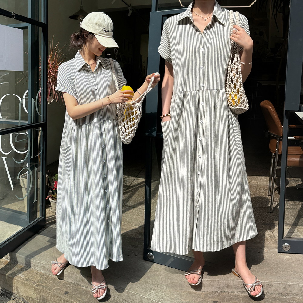 루즈핏 캡소매 스트라이프 지지미 반팔 롱 셔츠 원피스 여름 휴양지 빅사이즈 어반