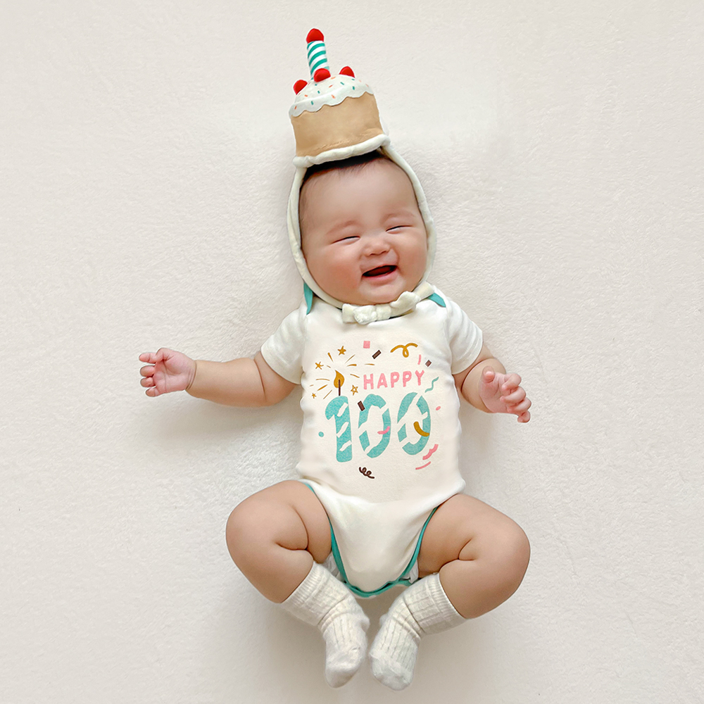 이키 신생아 100일 아기옷 기념일 촬영 선물 케이크 바디수트+모자 세트
