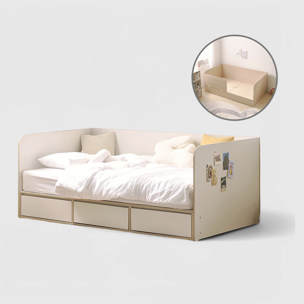 홈트리가구 범퍼 서랍 아기 가드침대 프레임 서랍형 SS, 크림화이트