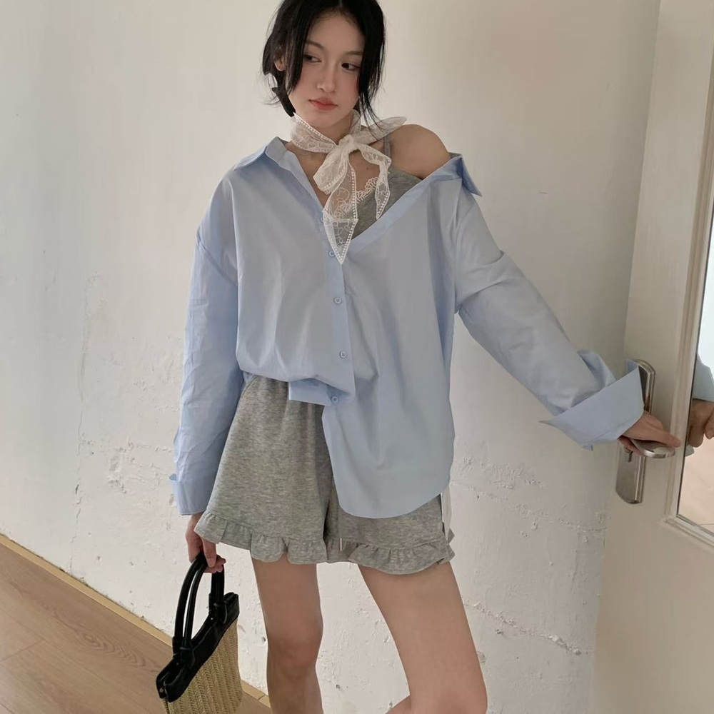 레이스 배색 오프숄더 레이어드 언밸런스 셔츠 블라우스 화이트 FREE - 상세 이미지 4