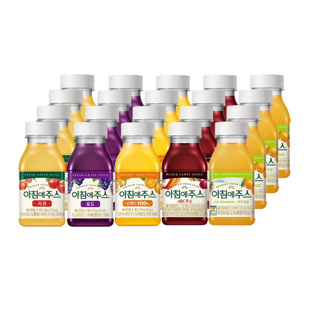 서울우유 아침에주스 오렌지4개 + 사과4개 + 제주감귤4개 + ABC4개 + 포도4개 210ml 총20개