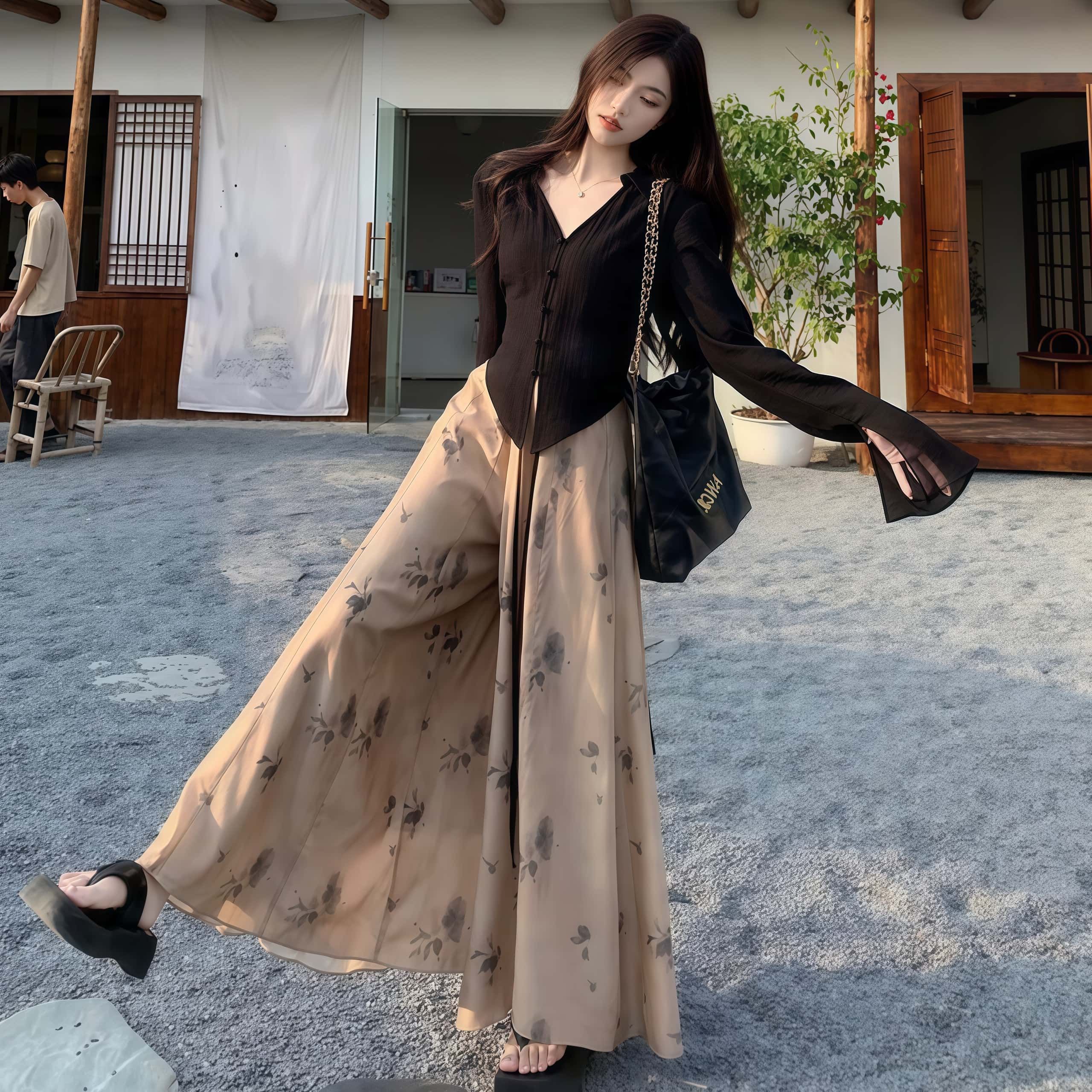 여성 루즈핏 쉬폰바지세트 브이넥 스트랩 긴팔가디건 플라워 와이드팬츠 투피스세트 - 상세 이미지 2