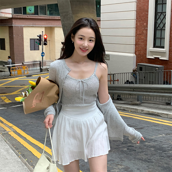 로젤린 리본 스트랩 레이스 골지 나시 가디건 세트 st2815 - 상품 이미지
