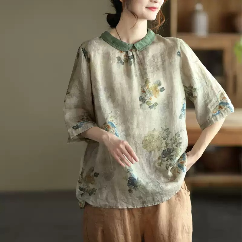 라운드넥 린넨 반팔블라우스 5부소매 엄마 중년여성 꽃무늬 패턴 여름 3종 - 상품 이미지