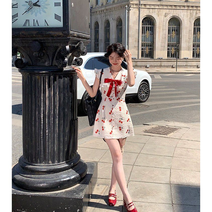 과즙미 체리 빅카라 리본 미니 원피스 A라인 브이넥 반팔 러플 여름 데이트룩 피크닉룩 - 상품 이미지