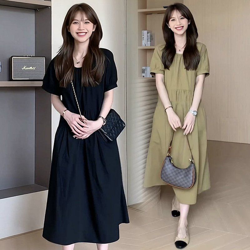 꾸안꾸 루즈핏 반팔 롱원피스 스퀘어넥 퍼프소매 체형커버 편안한 여름 데일리룩 - 상세 이미지 3