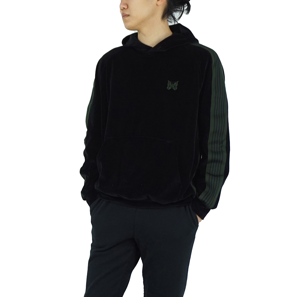 니들스 로고 자수 벨벳 후드 티셔츠 블랙 PU279 BLACK - 상품 이미지