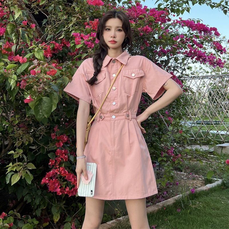 편안한 캐주얼룩 반팔 카라 셔츠 원피스 A라인 허리 벨트 데일리 나들이룩 - 상세 이미지 3