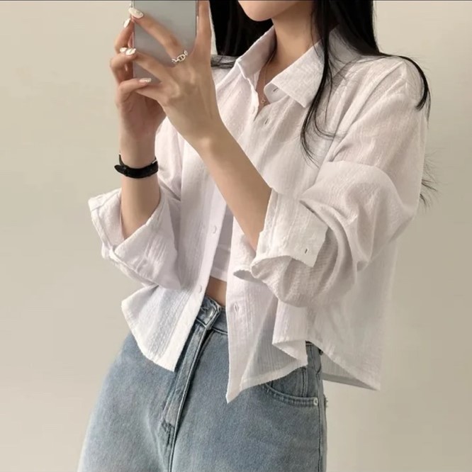 여성 데일리 캐주얼 오버핏 스트라이프 세미크롭 셔츠 봄 가을 카라 긴팔 셔츠 5color - 상품 이미지