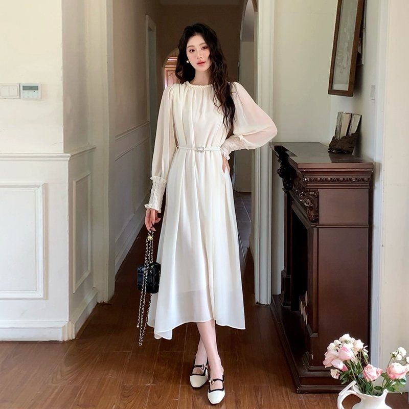 우아한 봄 쉬폰 퍼프소매 롱원피스 벨트세트 여성스러운 하객룩 데이트룩 오피스룩