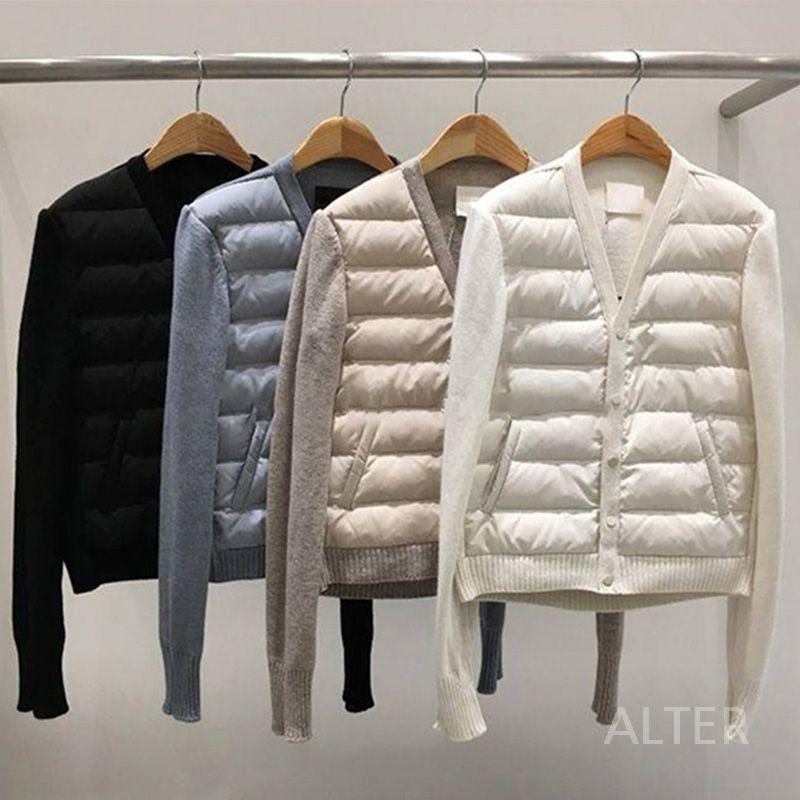 간절기 누빔 브이넥 숏패딩 아우터 노카라 니트 봄점퍼 오트밀 S 40-45kg - 상세 이미지 3