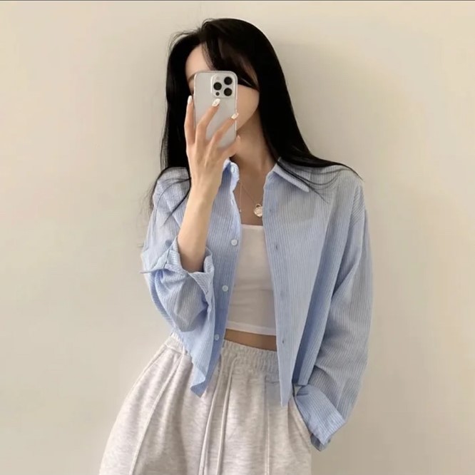 여성 데일리 캐주얼 오버핏 스트라이프 세미크롭 셔츠 봄 가을 카라 긴팔 셔츠 5color - 상세 이미지 3