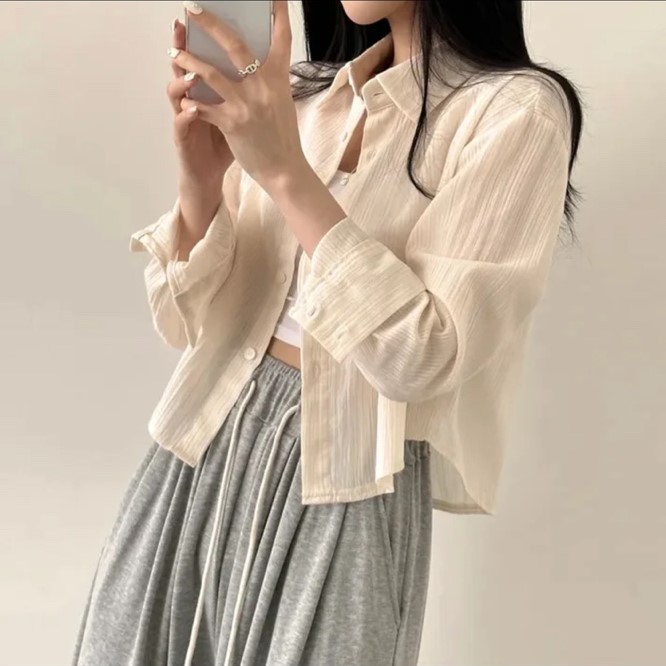 여성 데일리 캐주얼 오버핏 스트라이프 세미크롭 셔츠 봄 가을 카라 긴팔 셔츠 5color 이미지 6