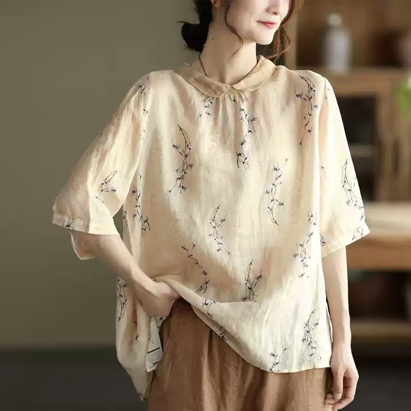 라운드넥 린넨 반팔블라우스 5부소매 엄마 중년여성 꽃무늬 패턴 여름 3종 - 상세 이미지 4