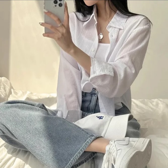 여성 데일리 캐주얼 오버핏 스트라이프 세미크롭 셔츠 봄 가을 카라 긴팔 셔츠 5color - 상세 이미지 2