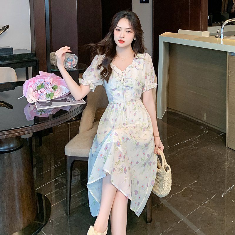 봄 하객룩 데이트룩 꽃무늬 쉬폰 롱원피스 여리핏 반팔 퍼프 프릴소매 리본넥 허리밴딩 - 상세 이미지 4