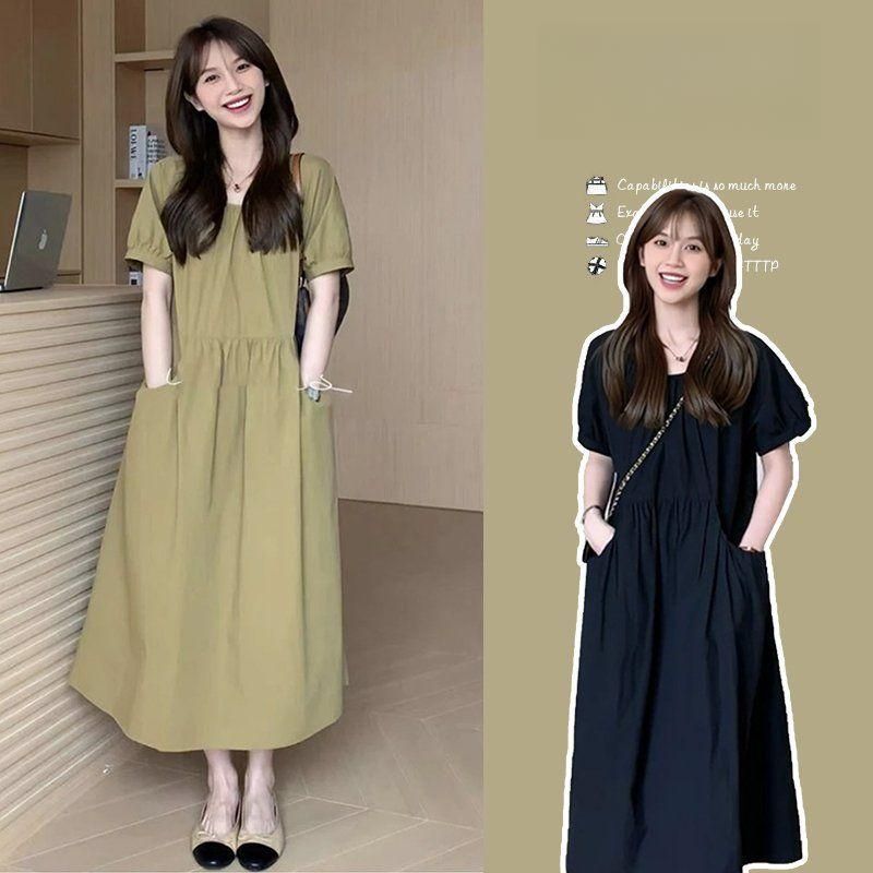 꾸안꾸 루즈핏 반팔 롱원피스 스퀘어넥 퍼프소매 체형커버 편안한 여름 데일리룩 - 상품 이미지