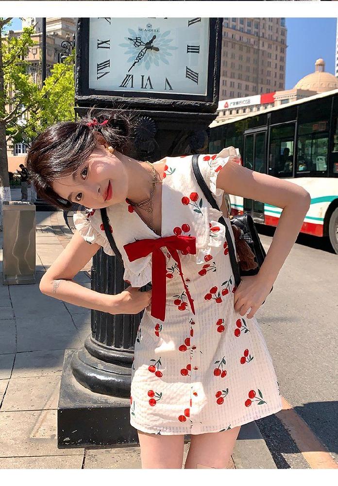 과즙미 체리 빅카라 리본 미니 원피스 A라인 브이넥 반팔 러플 여름 데이트룩 피크닉룩 - 상세 이미지 2