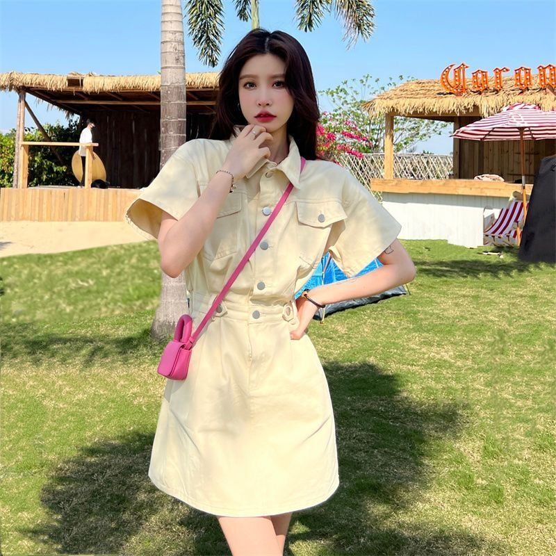 편안한 캐주얼룩 반팔 카라 셔츠 원피스 A라인 허리 벨트 데일리 나들이룩 - 상세 이미지 2