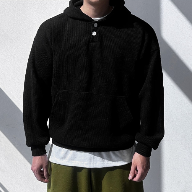 남자 키미 루즈 오버핏 봄 가을 무지 투버튼 헨리넥 니트 후드티