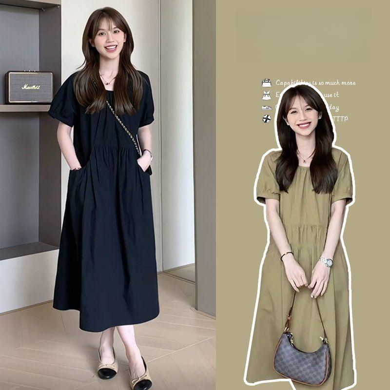 꾸안꾸 루즈핏 반팔 롱원피스 스퀘어넥 퍼프소매 체형커버 편안한 여름 데일리룩 - 상세 이미지 2