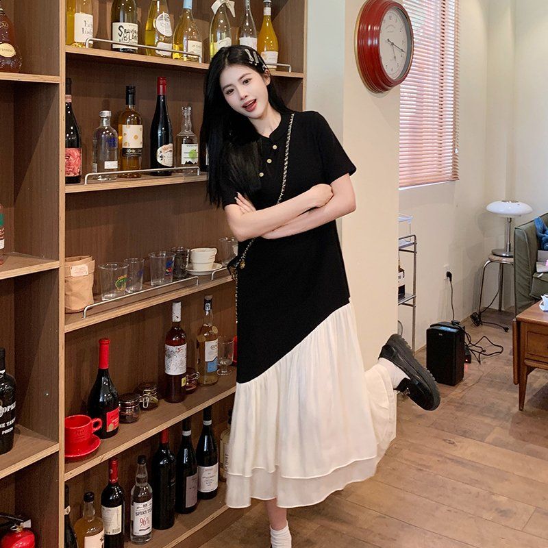 여름신상 언발란스 배색 티셔츠 롱원피스 편안한 쉬폰 캉캉 반팔 데일리 체형커버 - 상세 이미지 4