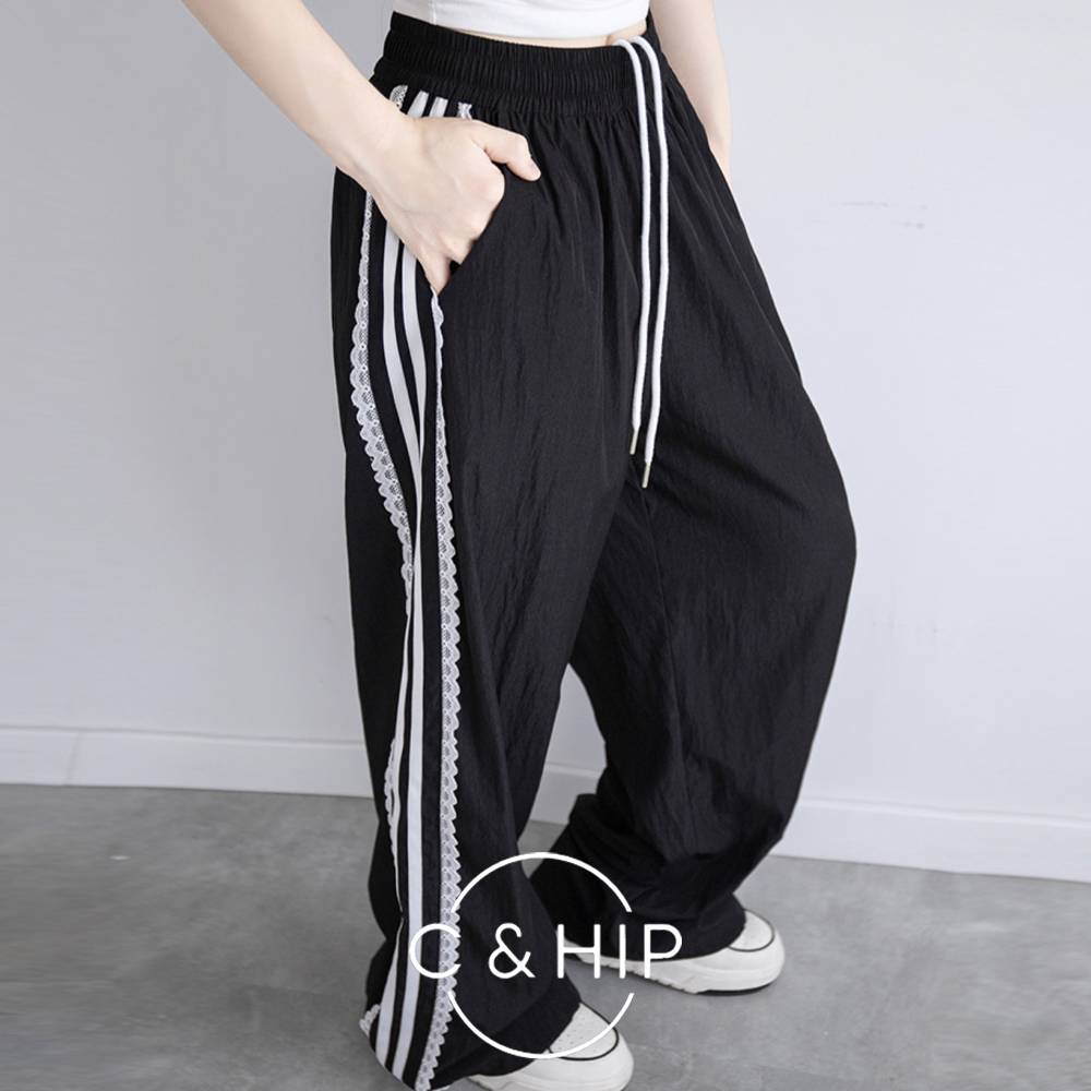 레이스 트랙 트레이닝 나일론 바스락 밴딩 스트링 와이드팬츠 (화이트/블랙) - 상세 이미지 3