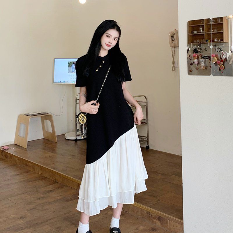 여름신상 언발란스 배색 티셔츠 롱원피스 편안한 쉬폰 캉캉 반팔 데일리 체형커버 - 상품 이미지