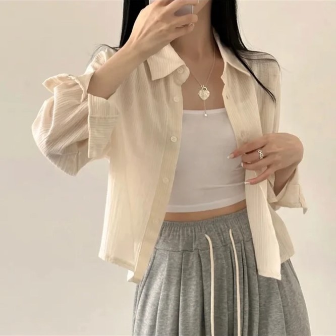 여성 데일리 캐주얼 오버핏 스트라이프 세미크롭 셔츠 봄 가을 카라 긴팔 셔츠 5color - 상세 이미지 5