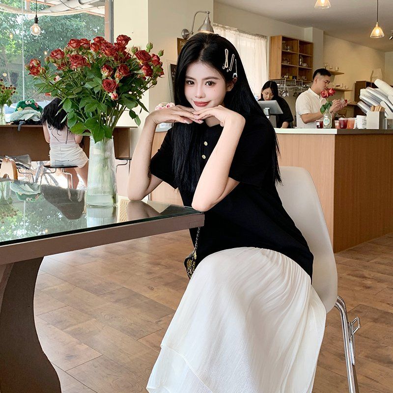 여름신상 언발란스 배색 티셔츠 롱원피스 편안한 쉬폰 캉캉 반팔 데일리 체형커버 - 상세 이미지 3