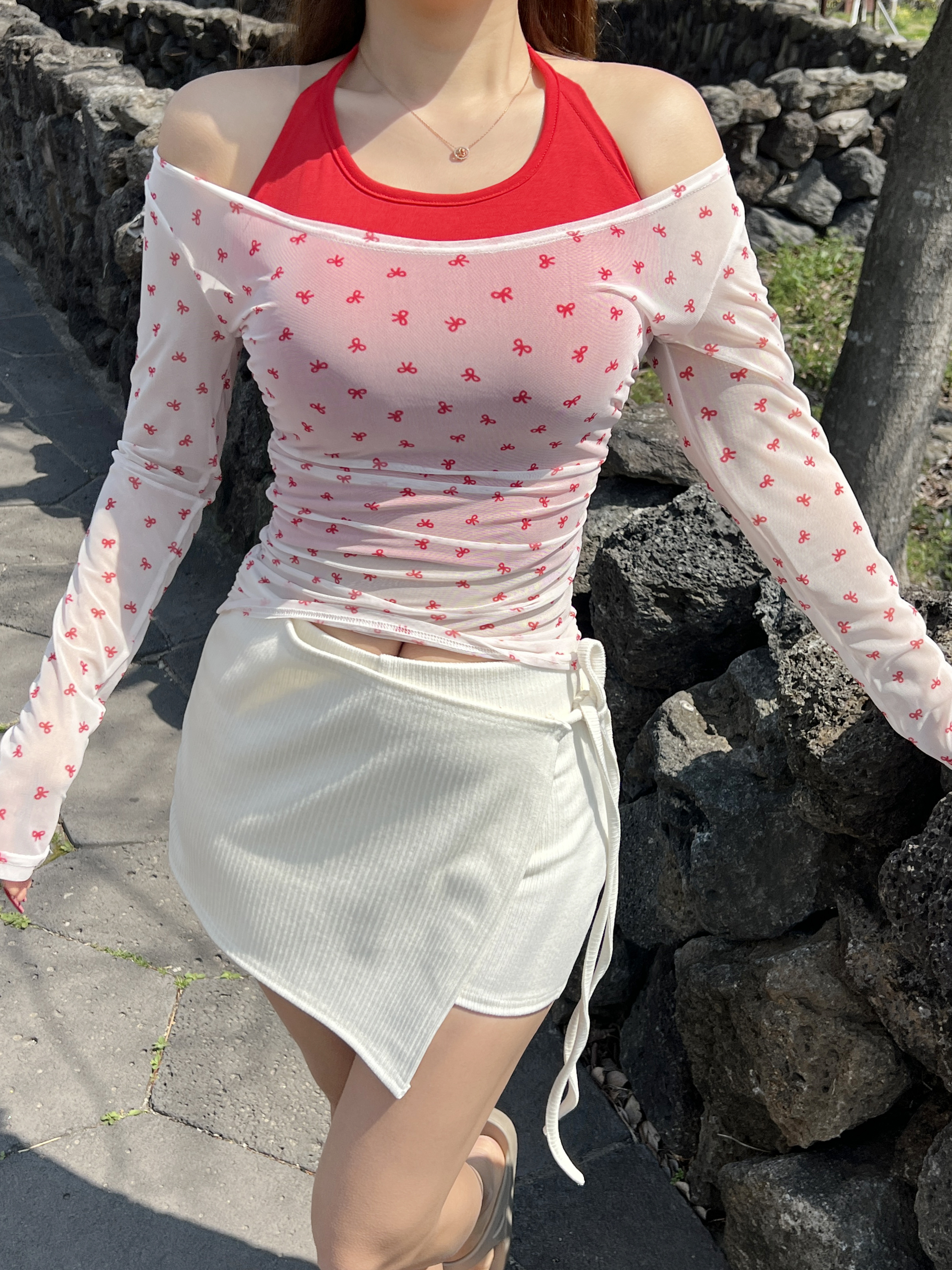 2set 리본 패턴 시스루 망사 티셔츠 홀터넥 나시 세트 3color - 상세 이미지 4