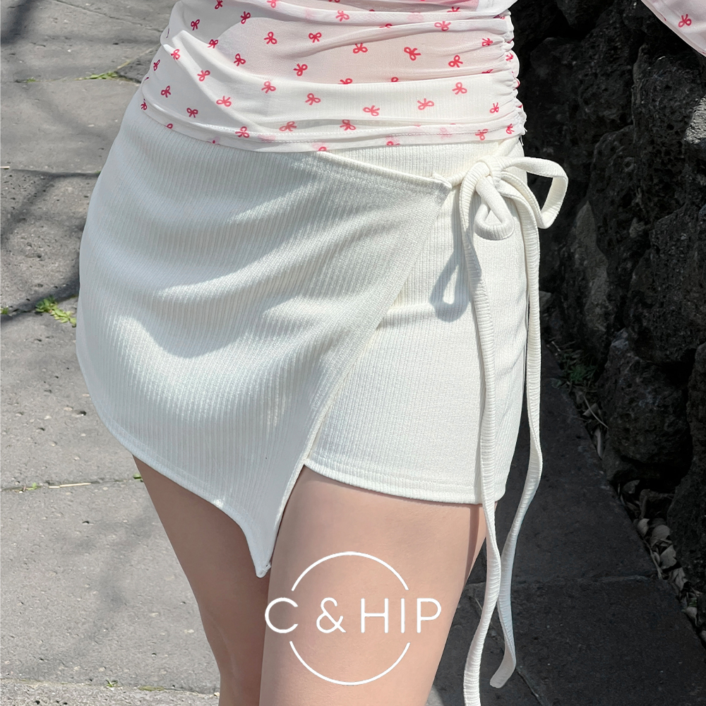 볼로 언발 랩 리본 레깅스 반바지 숏팬츠 미니스커트(크림/블랙) - 상품 이미지
