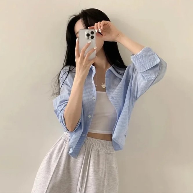 여성 데일리 캐주얼 오버핏 스트라이프 세미크롭 셔츠 봄 가을 카라 긴팔 셔츠 5color - 상세 이미지 4