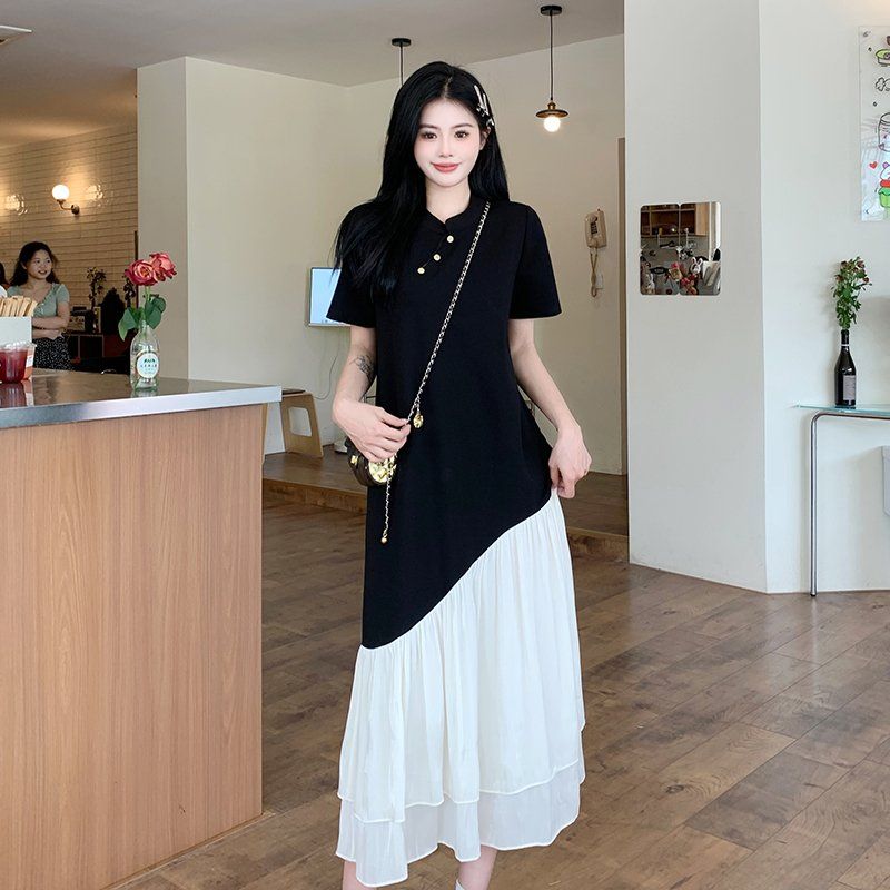 여름신상 언발란스 배색 티셔츠 롱원피스 편안한 쉬폰 캉캉 반팔 데일리 체형커버 - 상세 이미지 5