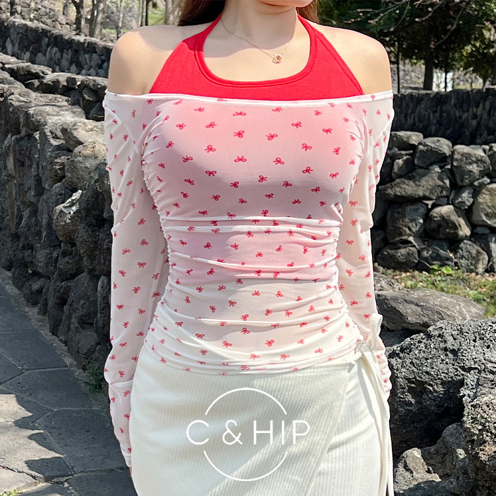 2set 리본 패턴 시스루 망사 티셔츠 홀터넥 나시 세트 3color - 메인 이미지