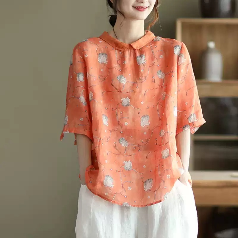 라운드넥 린넨 반팔블라우스 5부소매 엄마 중년여성 꽃무늬 패턴 여름 3종 - 상세 이미지 3