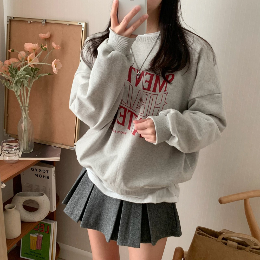 오버핏 HEALTH 레터링 프린팅 티셔츠 여자 맨투맨 박스티 여성 가을 티셔츠 코튼 - 상품 이미지