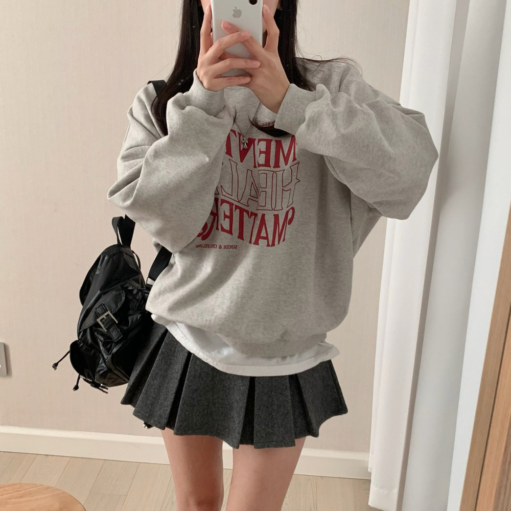 오버핏 HEALTH 레터링 프린팅 티셔츠 여자 맨투맨 박스티 여성 가을 티셔츠 코튼 - 상세 이미지 4