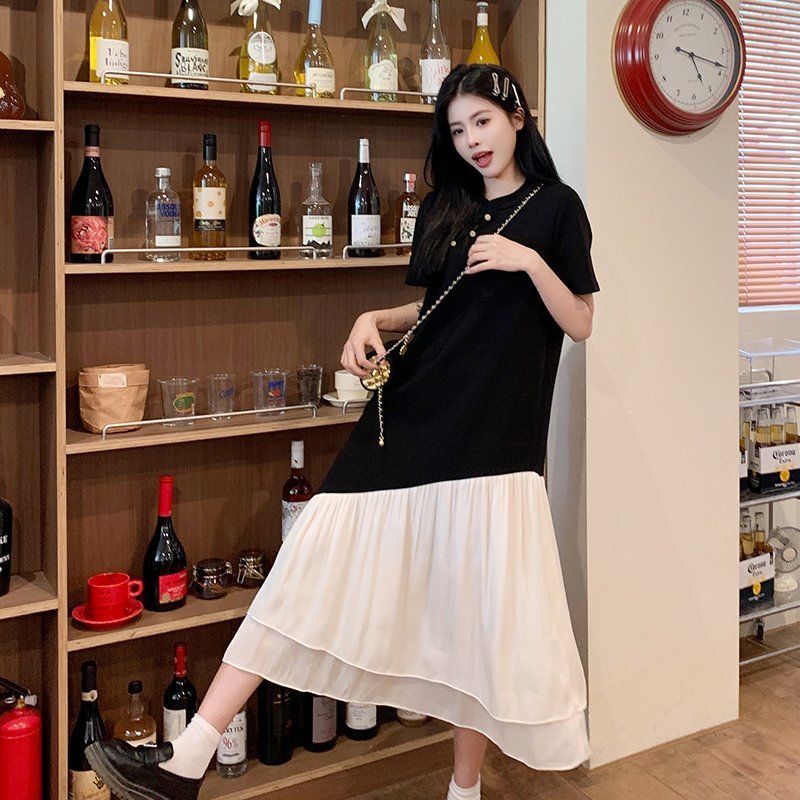 여름신상 언발란스 배색 티셔츠 롱원피스 편안한 쉬폰 캉캉 반팔 데일리 체형커버 - 상세 이미지 2