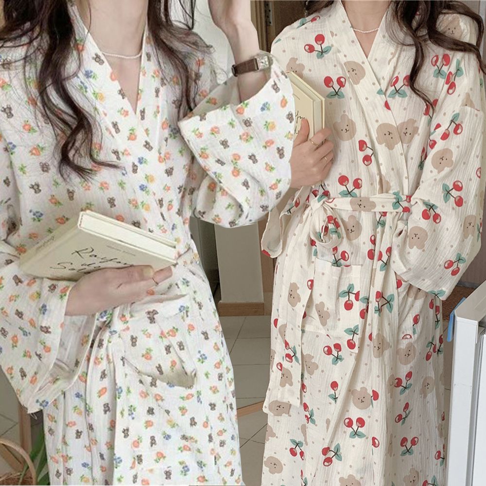 긴팔 여성 잠옷 귀여운 로브 가운 파자마 홈웨어 나이트 수면 여자 원피스 체크 : 8989쇼핑 11호점