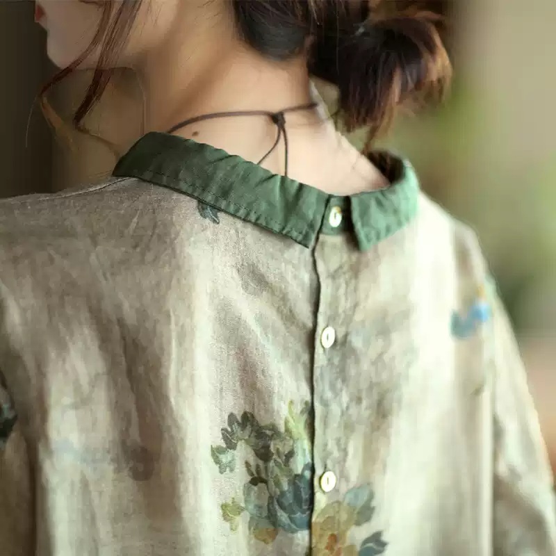 라운드넥 린넨 반팔블라우스 5부소매 엄마 중년여성 꽃무늬 패턴 여름 3종 - 상세 이미지 2