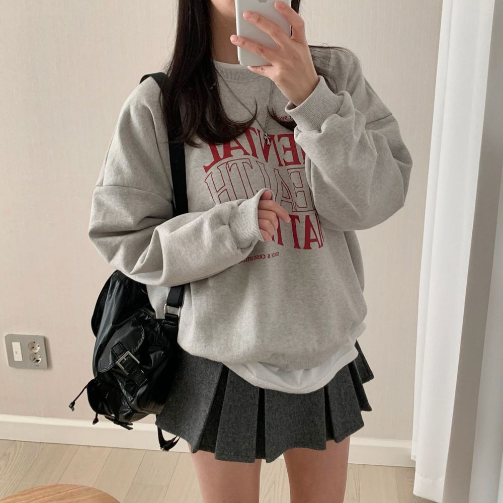 오버핏 HEALTH 레터링 프린팅 티셔츠 여자 맨투맨 박스티 여성 가을 티셔츠 코튼 - 상세 이미지 5