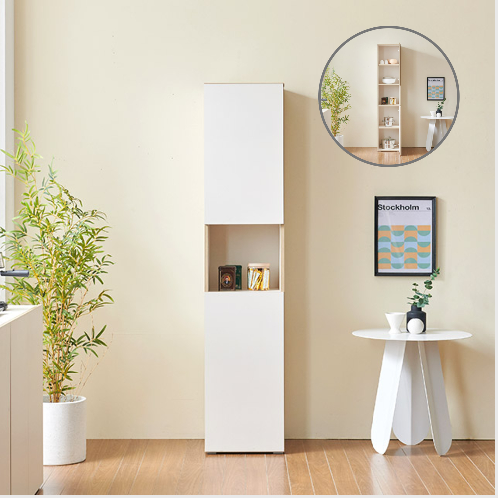 홈트리가구 주방수납장 냉장고장 홈카페장 키큰 틈새 높은 밥솥 수납장 400mm, 3단, 크림화이트