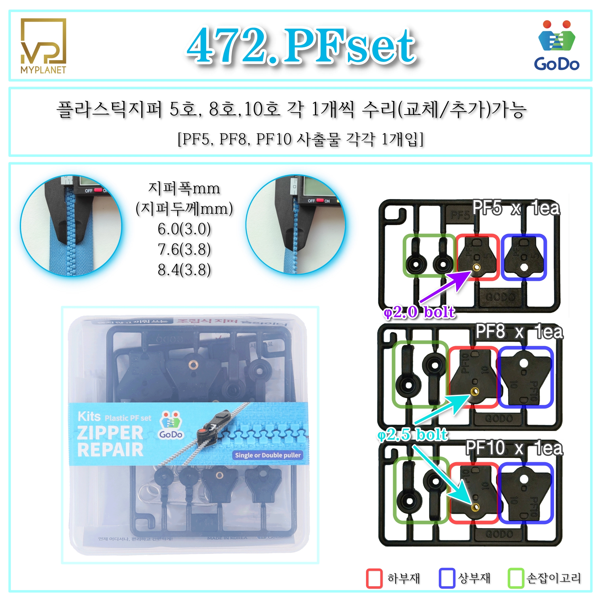 고도지퍼 472 PFset 양쪽손잡이 플라스틱지퍼 3종 슬라이더 수리 추가 수선키트 - 상세 이미지 2