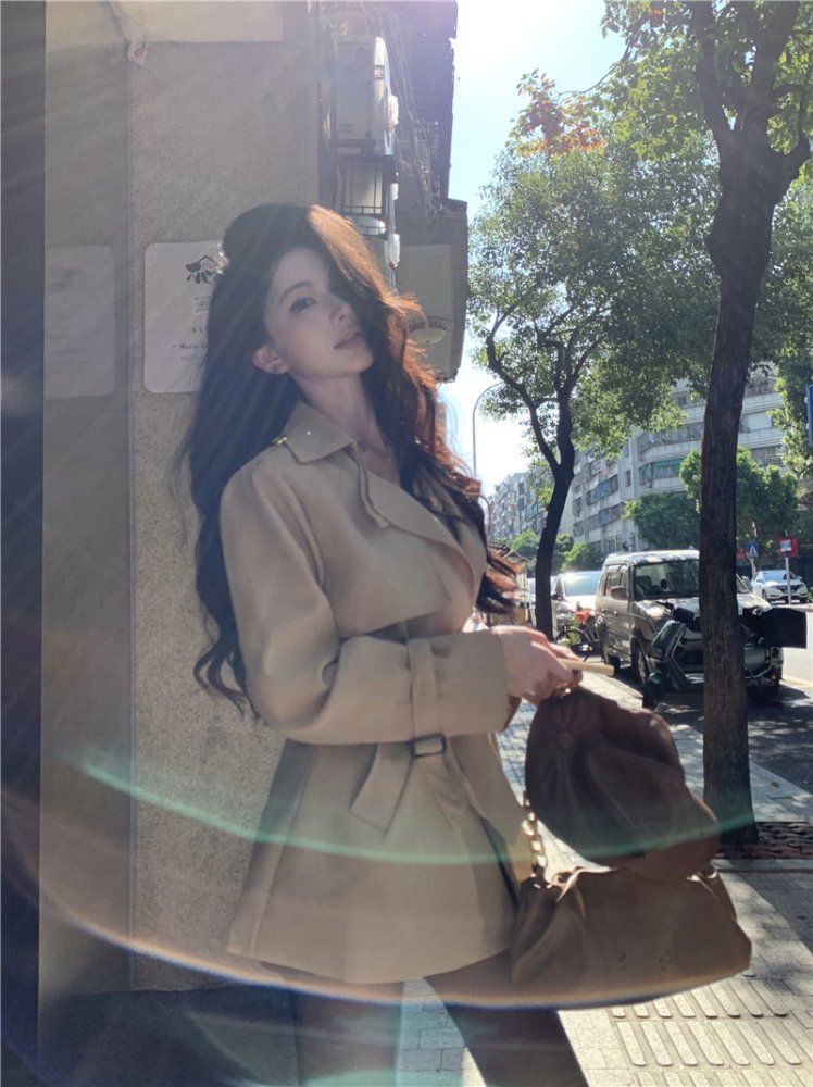 클래식 더블 버튼 트렌치 자켓 미니 원피스 여성 간절기 A라인 벨티드 아우터 데일리룩 코트 - 상세 이미지 2