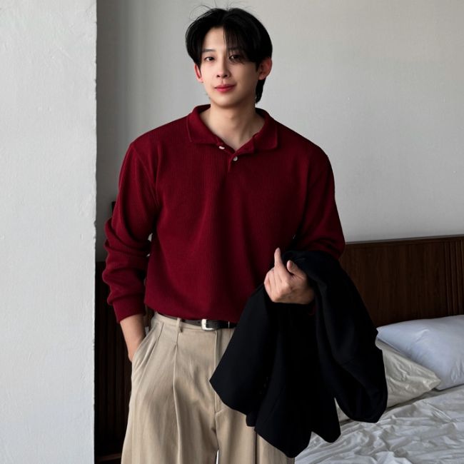 1+1 남자 디레 오버핏 봄 가을 투버튼 카라 니트 맨투맨 - 상세 이미지 2
