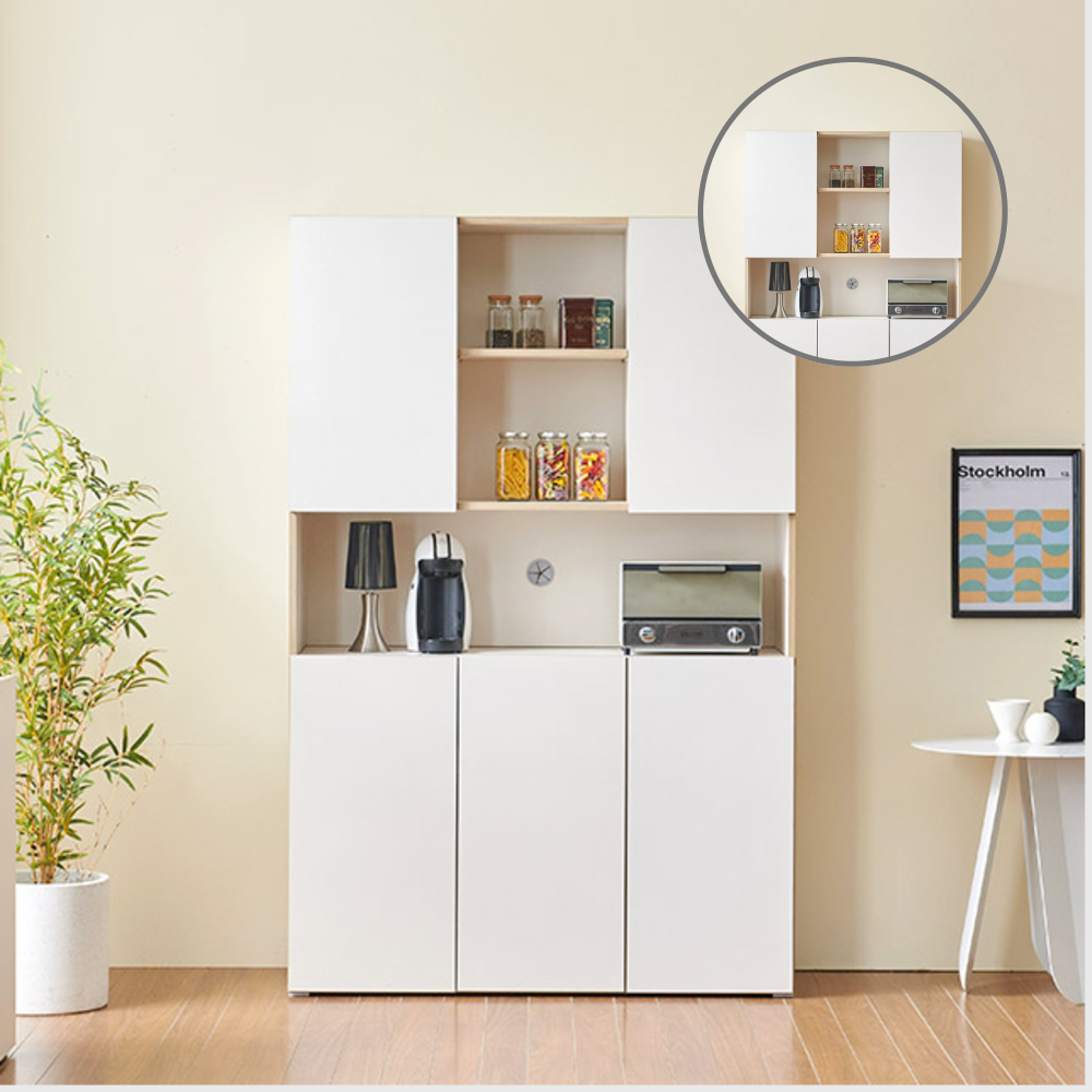 홈트리가구 주방수납장 냉장고장 홈카페장 키큰 틈새 다용도 수납장 세트 1200mm, 3단, 크림화이트