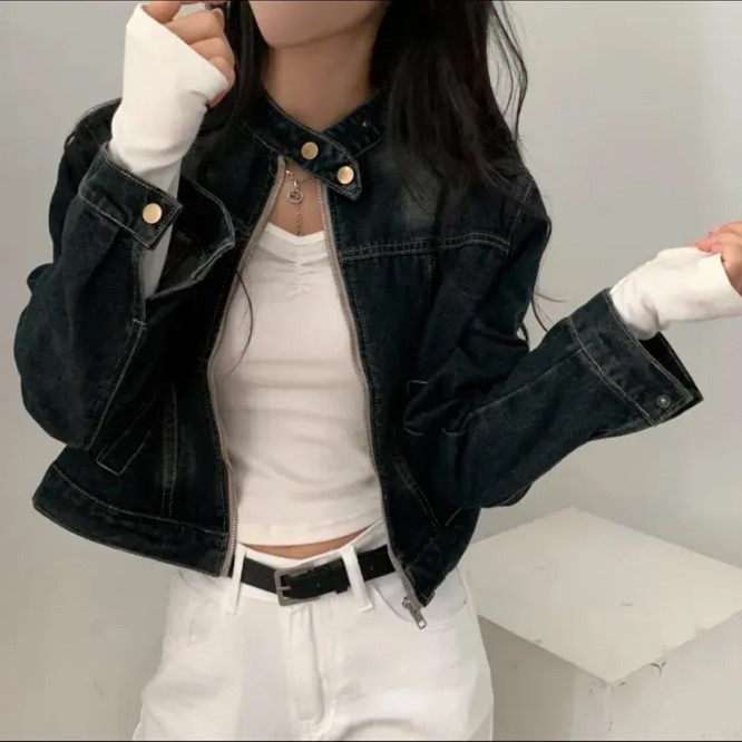 여자 크롭 청자켓 간절기 데님 아우터 봄 가을 노카라 숏자켓 (2color) - 상세 이미지 4