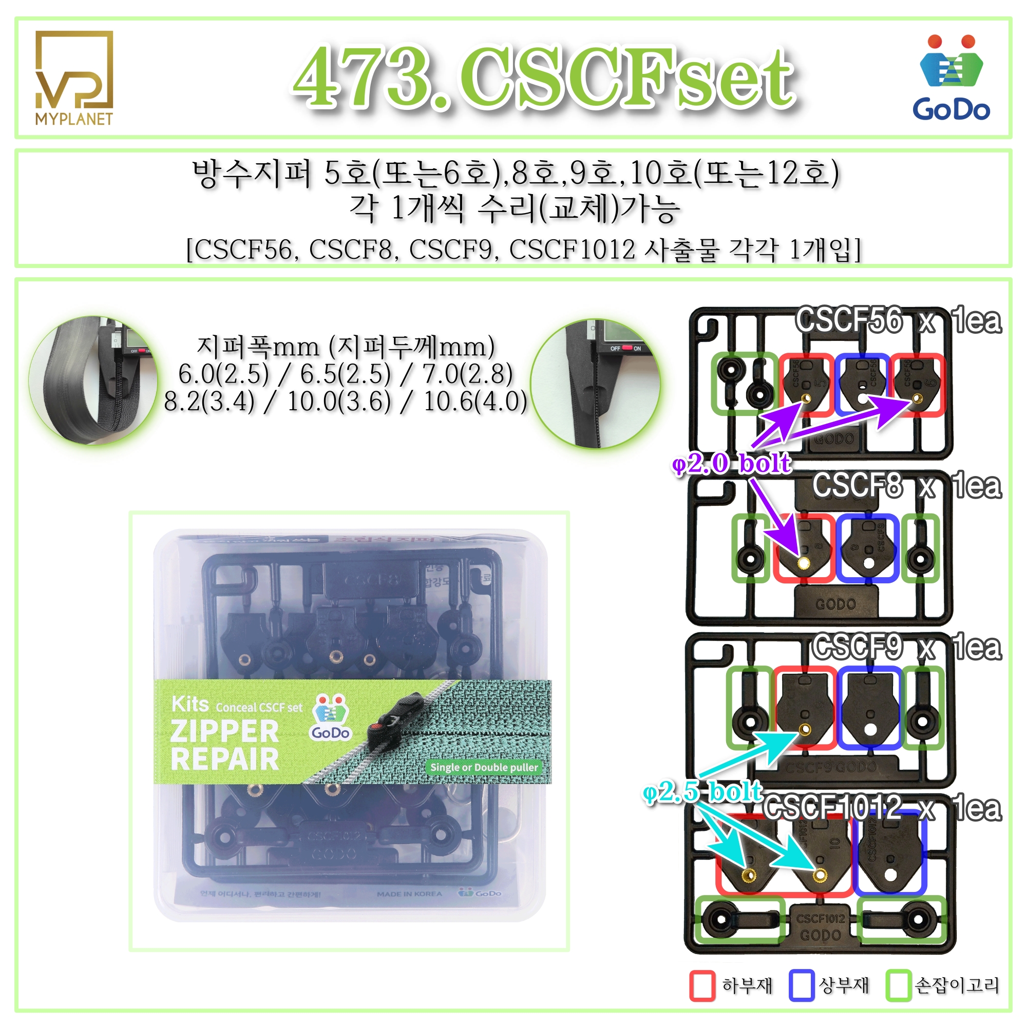고도지퍼 473 CSCFset 양쪽손잡이 방수지퍼 4종 슬라이더 수리 추가 수선키트 - 상세 이미지 2
